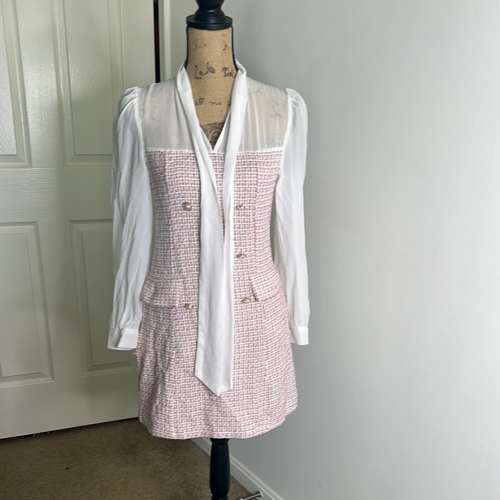 Chic Pink Tweed Dress with White Blouse